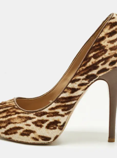 Valentino Size 38 Beige/Brown Calf Hair Platform Peep Toe Pumps
