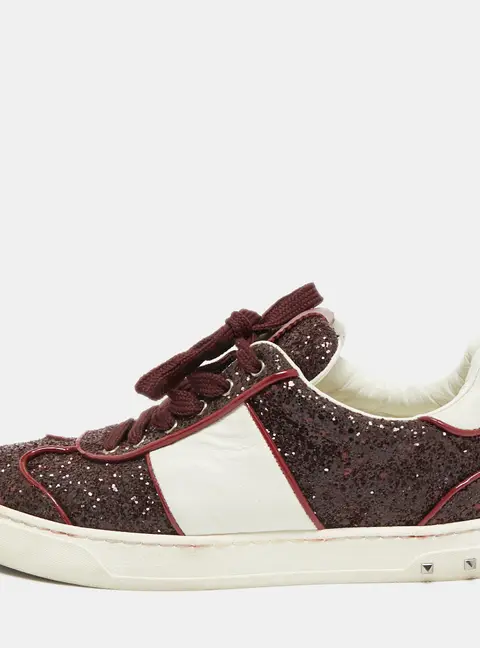 Valentino Fly Crew Size 38 Burgundy/White Glitter and Leather Lace Up Sneakers