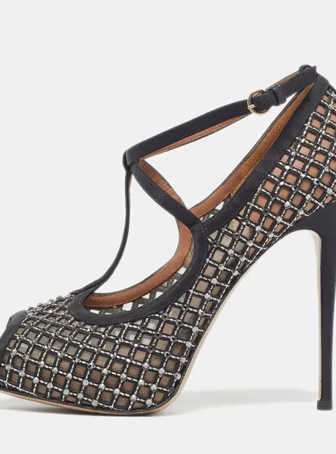 Valentino  Size 38.5 Black Crystal Embellished Fabric and Mesh Peep Toe Platform Pumps