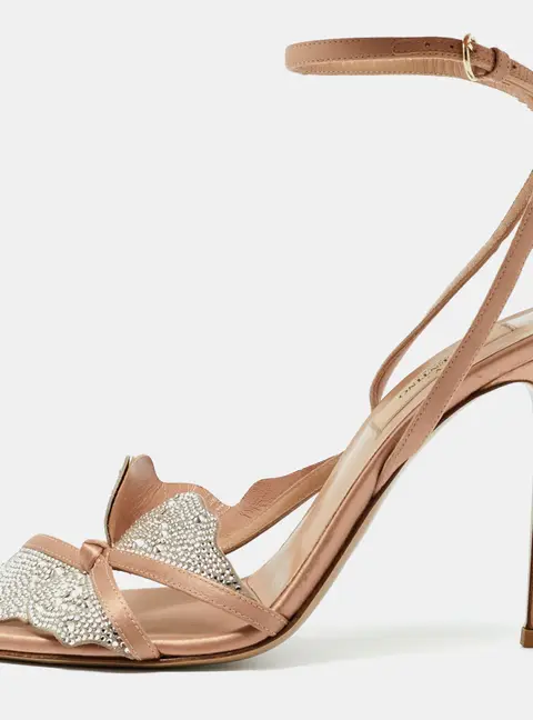 Valentino Angelicouture Size 38 Beige/Grey Satin and Suede Crystal Embellished Ankle Strap Sandals