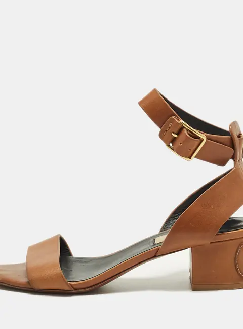 Valentino Size 37 Brown Leather Ankle Strap Block Heel Sandals