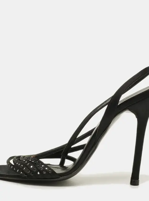 Valentino Size 37.5 Black Satin Crystal Embellished Slingback Strappy Sandals