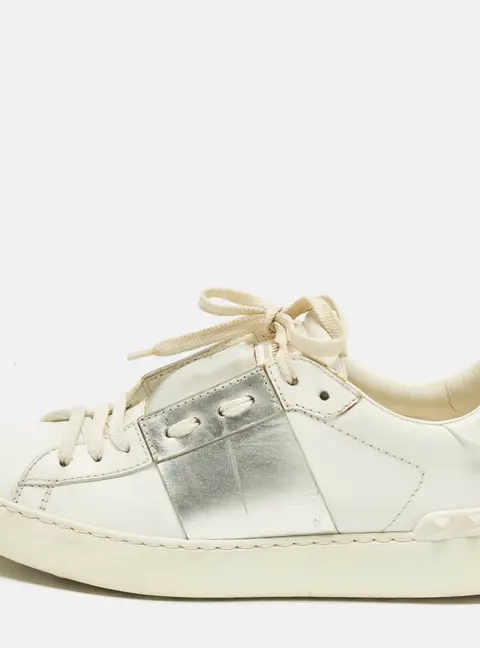 Valentino Open Size 37.5 White/Silver Band Leather Lace Up Sneakers