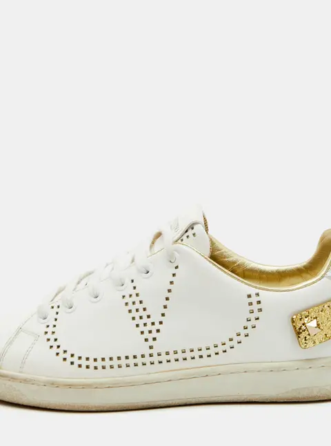 Valentino Backnet Size 38.5 White/Gold Leather Perforated V Low Top Sneakers