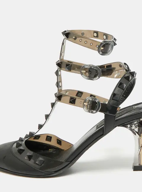 Valentino Rockstud Caged Size 36.5 Black Leather and PVC Ankle Strap Pumps