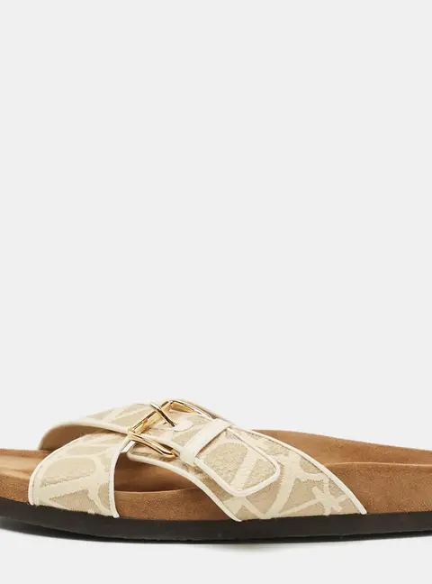 Valentino Iconographe VLogo  Size 40 Beige/Cream Leather and Straw Flat Slides