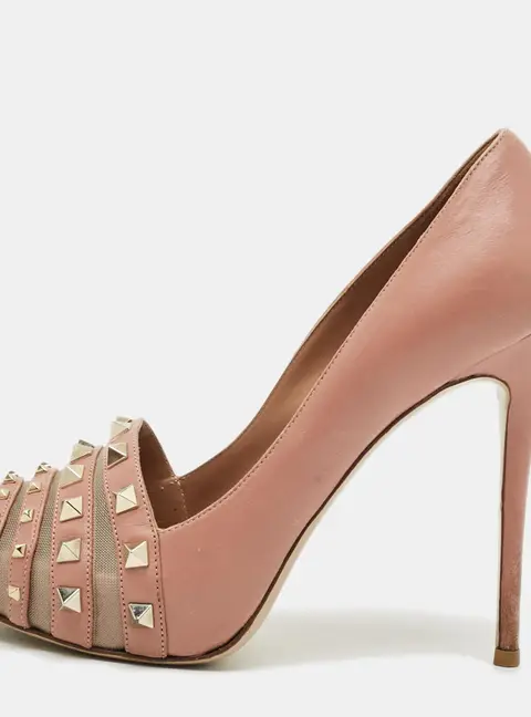 Valentino Size 36.5 Dusty Pink Leather and Net Rockstud Peep Toe Pumps