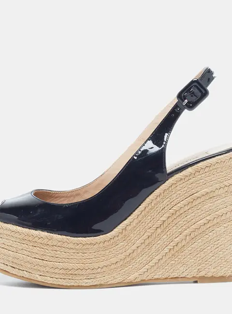 Valentino Size 40 Black Patent Leather Espadrille Wedge Sandals