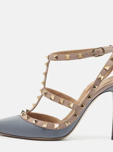 Valentino Rockstud Caged Size 39.5 Light Blue/Pink Leather Ankle Strap Pumps