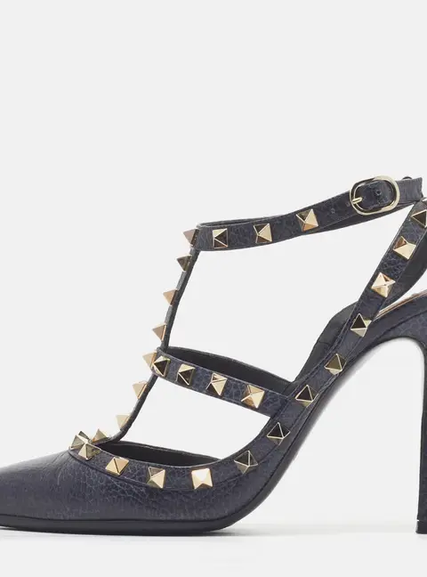 Valentino Rockstud Caged Size 39 Navy Blue Leather Ankle Strap Pumps