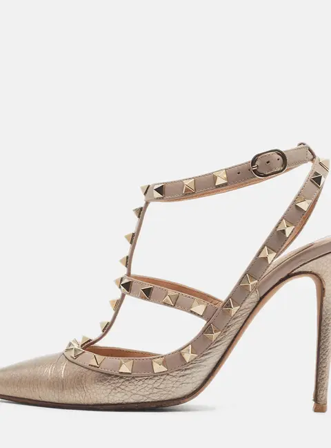 Valentino Rockstud Caged Size 39 Metallic Gold/Pink Leather Ankle Strap Pumps