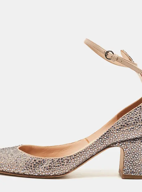Valentino Tan-Go Size 37 Beige Suede Crystal Embellished Block Heel Ankle Strap Pumps