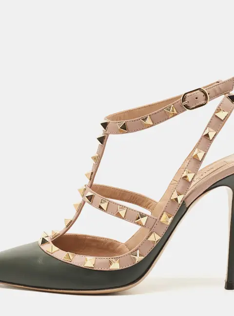 Valentino Rockstud Size 39 Pink/Dark Green Leather Pointed Toe Ankle Strap Pumps