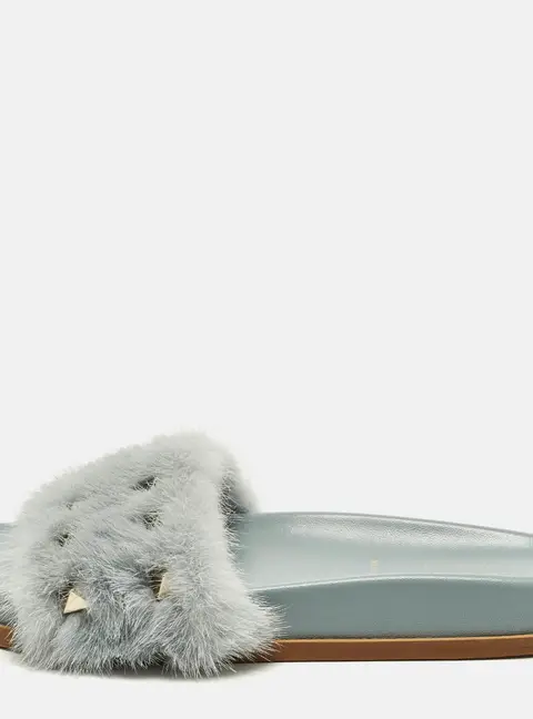 Valentino Rockstud Size 36.5 Light Blue Mink Fur Flat Slide