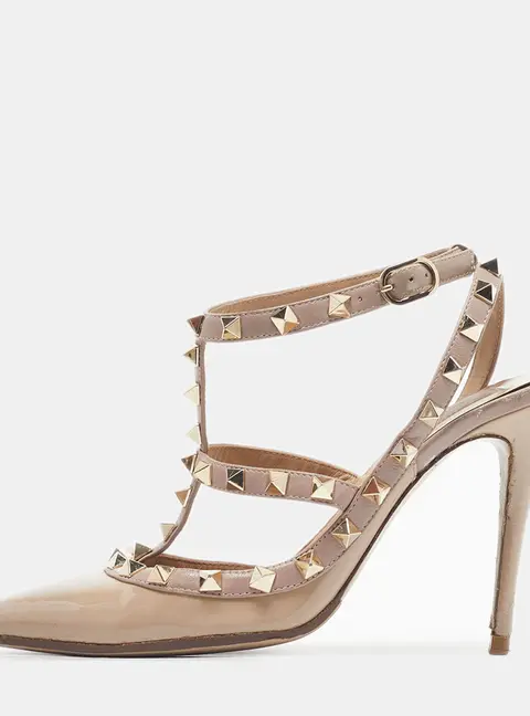 Valentino Rockstud Caged Size 36.5 Beige/Pink Leather and Patent Ankle Strap Pumps