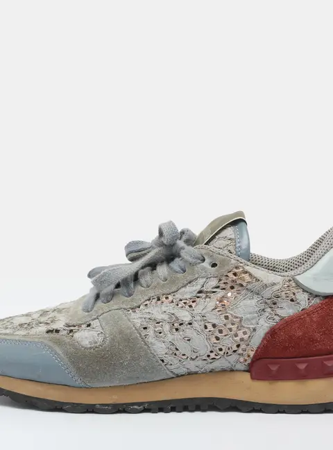 Valentino Rockrunner Size 35 Blue/Maroon Lace, Leather and Suede Low Top Sneakers