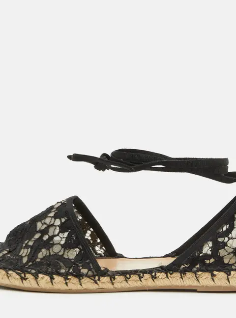Valentino Size 38 Black Lace and Mesh Ankle Tie Espadrille Flat Sandals