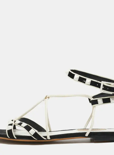 Valentino Rockstud Size 37 Black/White Leather and Suede Flat Sandals