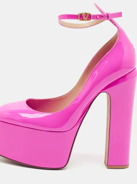 Valentino Tan-Go Size 37.5 Pink Patent Leather Block Heel Pumps