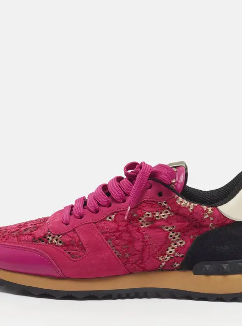 Valentino Lace Runner Size 39 Pink/Black Lace and Suede Low Top Sneakers