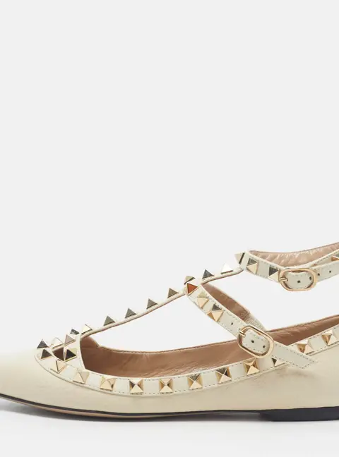 Valentino Rockstud Size 35 Cream Leather Ankle Strap Ballet Flats