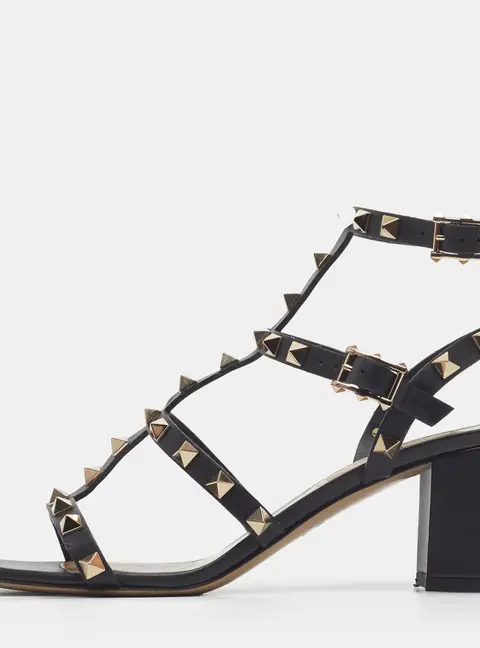 Valentino Rockstud Size 37.5 Black Leather Ankle Strap Sandals