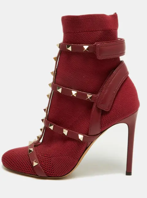Valentino Rockstud Size 37 Burgundy Stretch Knit and Leather Ankle Length Boots