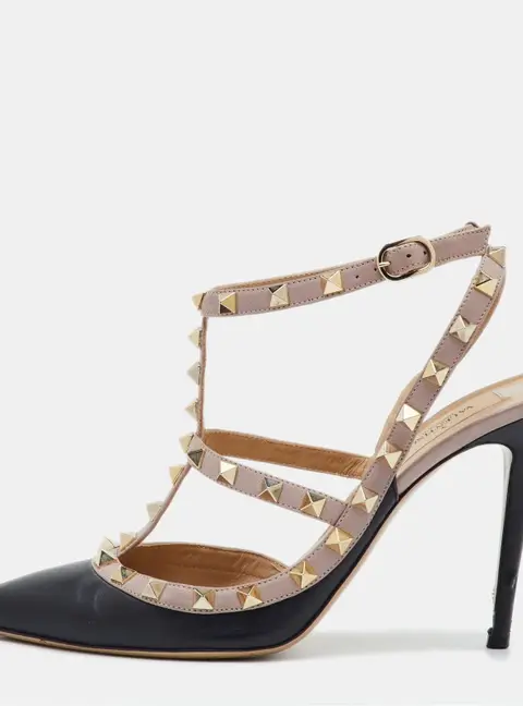 Valentino Rockstud Size 39 Black/Beige Leather Pointed Toe Ankle Strap Pumps