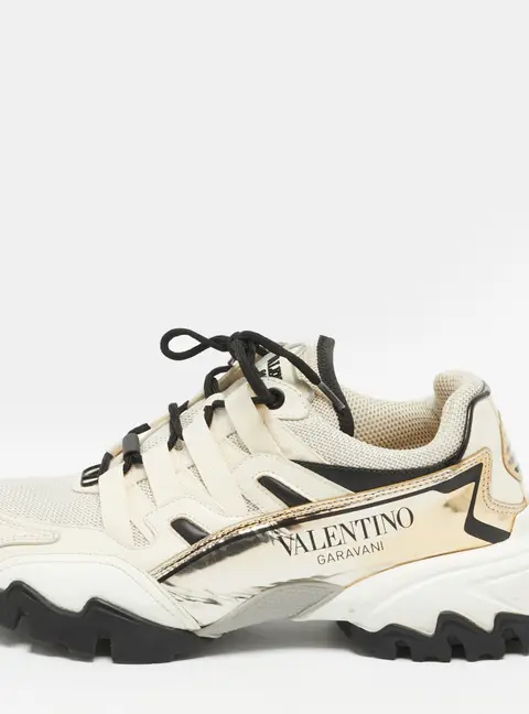 Valentino Climbers Size 37.5 Cream/Gold Leather and Mesh Lace Up Sneakers