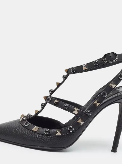 Valentino Rockstud Size 37.5 Black Leather Ankle Strap Pumps