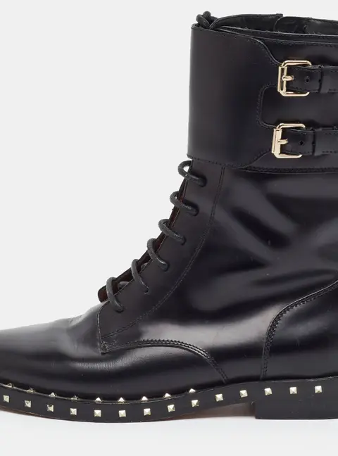 Valentino Rockstud Size 37 Black Leather Combat Boots