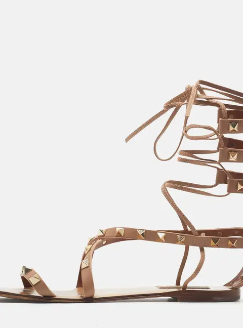 Valentino Rockstud Size 36.5 Beige Leather Gladiator Flat Sandals