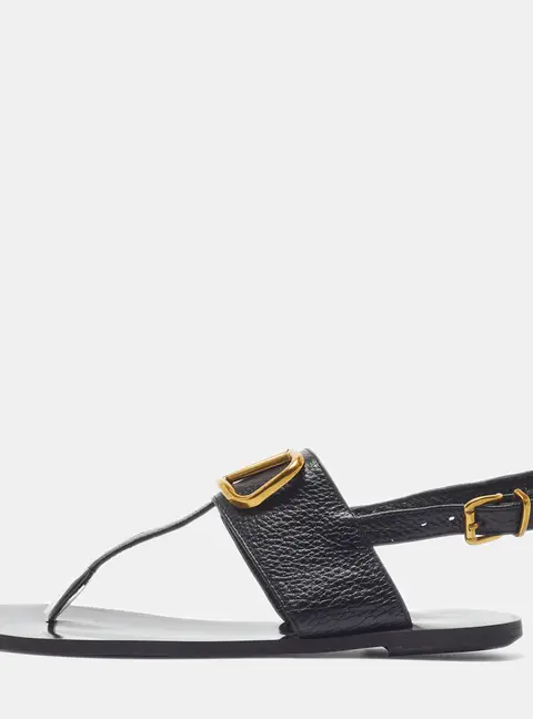 Valentino VLogo Size 37 Black Leather Thong Flat Slingback Sandals
