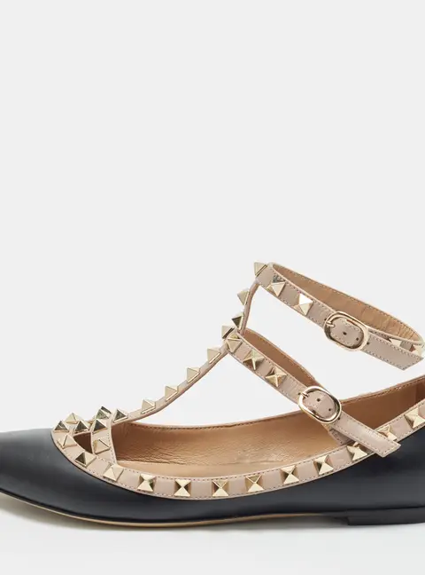 Valentino Rockstud Caged Size 37 Black/Pink Leather Ankle Strap Ballet Flats