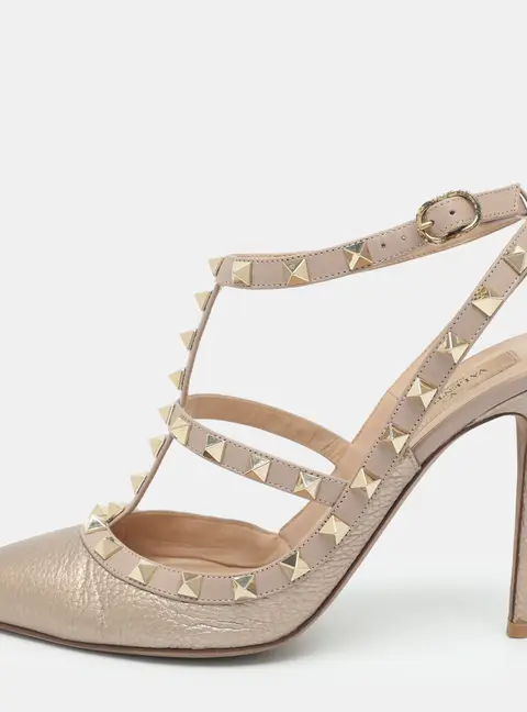 Valentino Rockstud Size 37.5 Metallic Beige Leather Ankle Strap Pumps