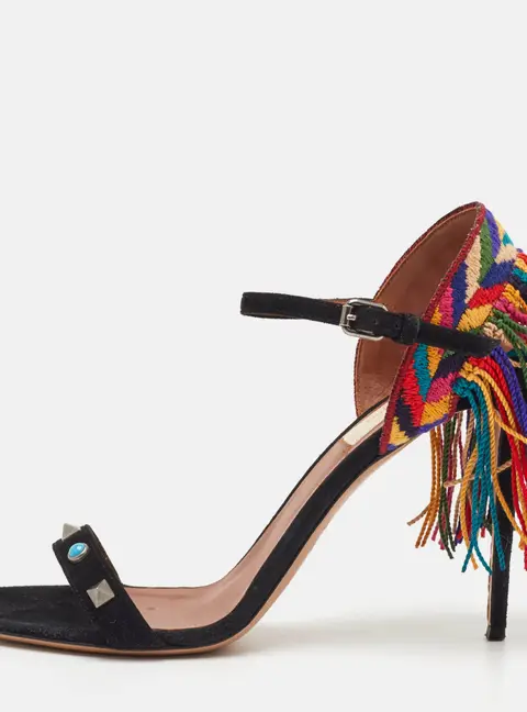 Valentino Rolling Rockstud Size 38.5 Black Suede Fringe Ankle Strap Sandals