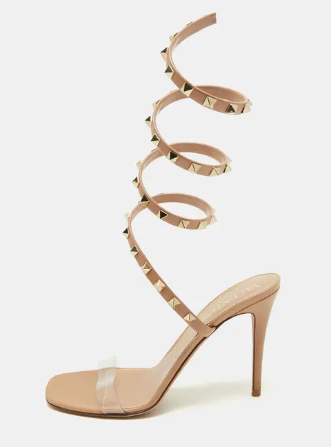 Valentino Rockstud Size 39.5 Beige Leather and PVC Ankle Strap Sandals
