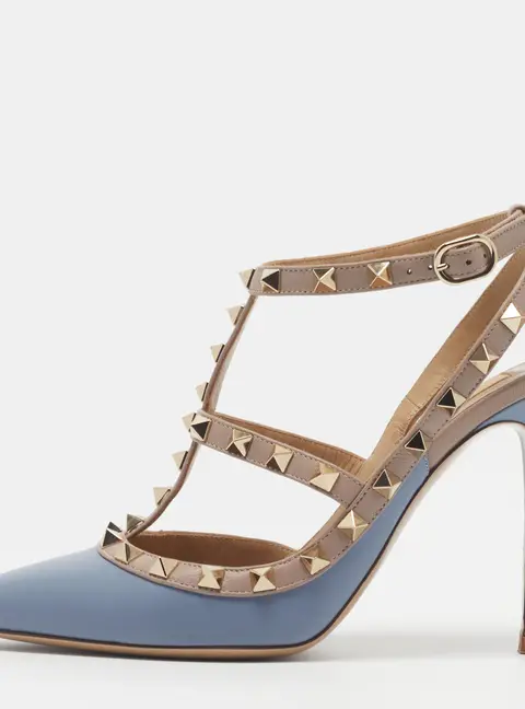 Valentino Rockstud Size 37.5 Blue/Pink Leather Ankle Strap Pumps