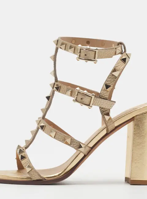 Valentino Rockstud Size 37.5 Gold Leather Ankle Strap Sandals