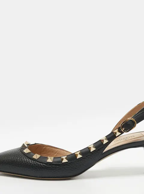 Valentino Rockstud Size 36.5 Black Leather D'orsay Slingback Pumps