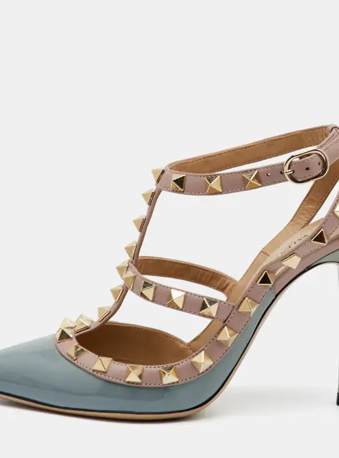 Valentino Rockstud Size 35.5 Pale Blue/Beige Leather and Patent Leather Ankle Strap Pumps