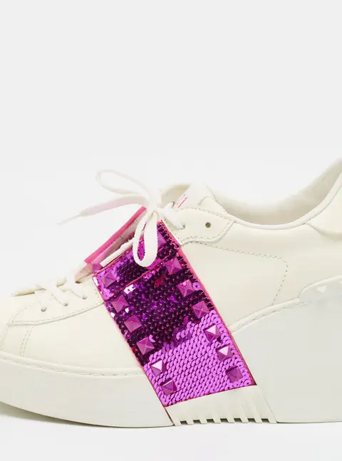 Valentino Rockstud Size 39 White/Purple Leather and Sequins Wedge Sneakers