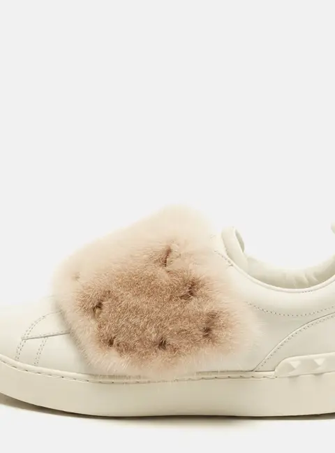 Valentino Rockstud Size 38.5 White/Pink Leather and Mink Fur Low Top Sneakers