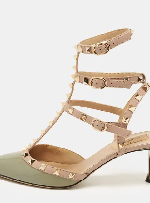 Valentino Rockstud Size 39.5 Pink/Dark Green Leather and Patent Ankle Strap Pumps