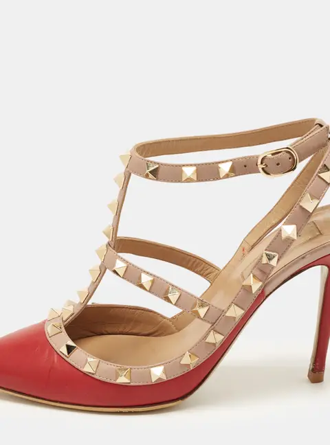 Valentino Rockstud Size 37.5 Red/Beige Leather Pumps