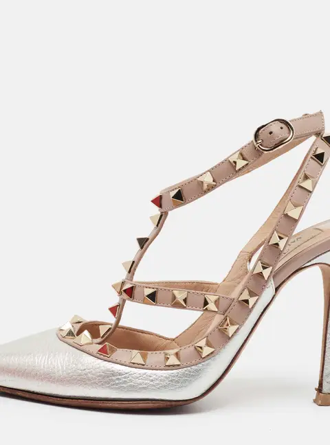 Valentino Rockstud Size 36 Silver/Beige Leather Pumps