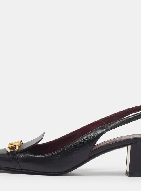 Valentino VLogo Chain Size 37.5 Black Leather Slingback  Block Heel Pumps
