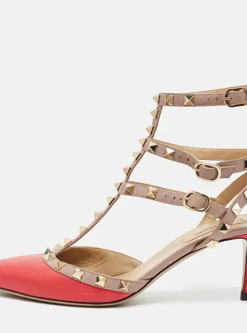 Valentino Rockstud Size 38.5 Fuchsia/Nude Leather Ankle Strap Pumps