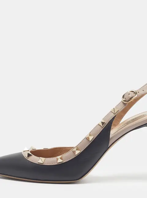 Valentino Rockstud Size 39 Black/Beige Leather Slingback Pumps