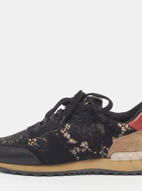 Valentino Rockrunner Size 37 Black/Red Leather and Lace Lace Up Sneakers
